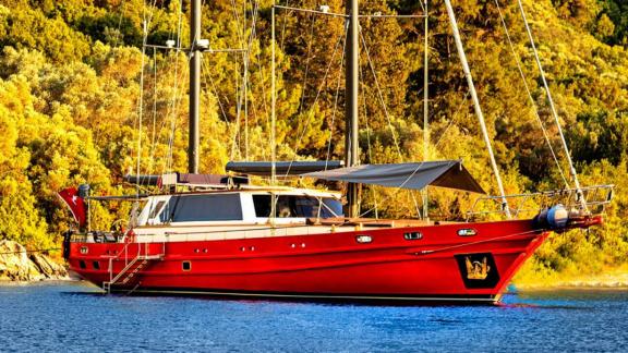 Die rot gefärbte Segelgulet macht eine Reise inmitten der Natur.